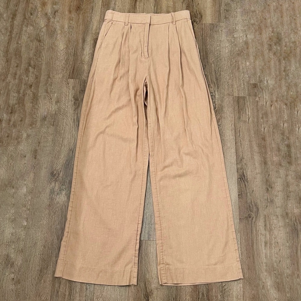 Abercrombie & Fitch Tan Linen Blend High Rise Pleated‎ Wide Leg Pants Womens SR
